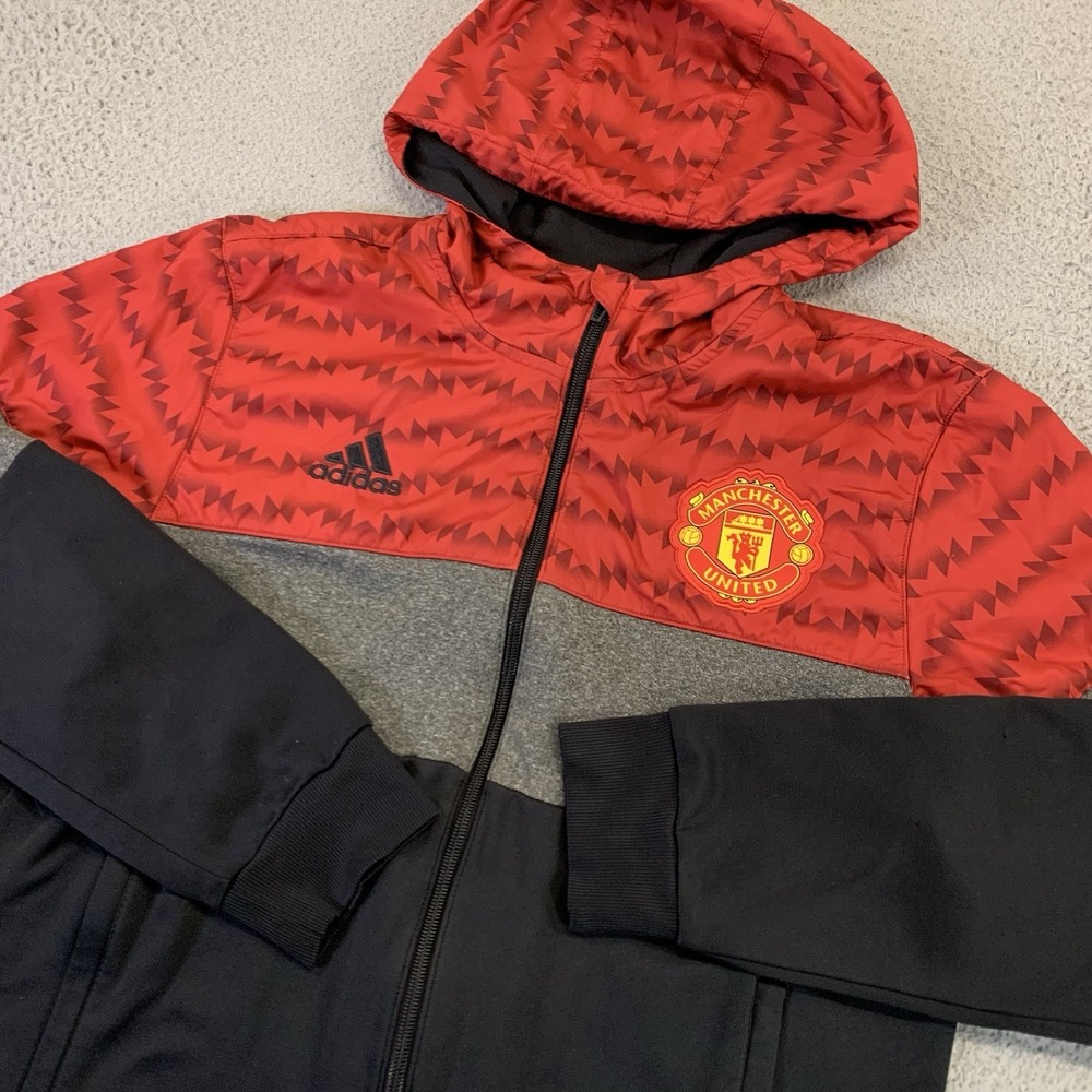 Adidas Manchester United Jacket Mens Medium Full Zip Hooded Pocket Soccer Futbol